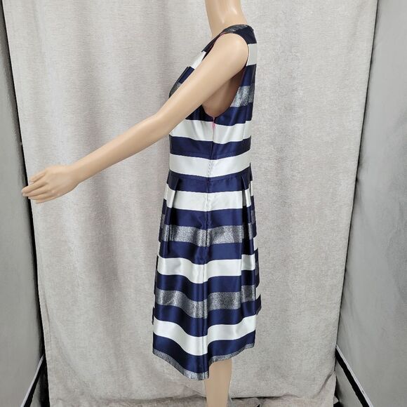 Eliza J Striped Crepe Fit & Flare Party Dress  Navy White Metallic Silver Pocket - Picture 7 of 13